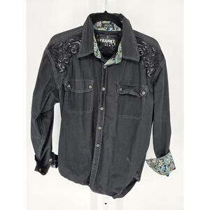 Franky Max Mens Sz L Long Sleeve Button Up Shirt Black Embroidered